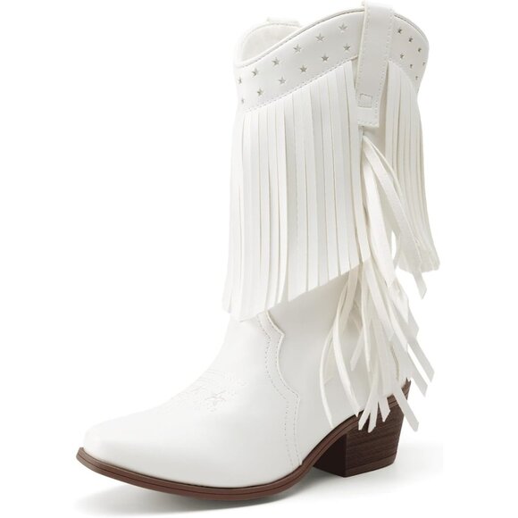 ⚡Girls White Cowgirl Boot Tassel Fringe Kids Western Boots Stylish & Comfortable - Picture 1 of 6